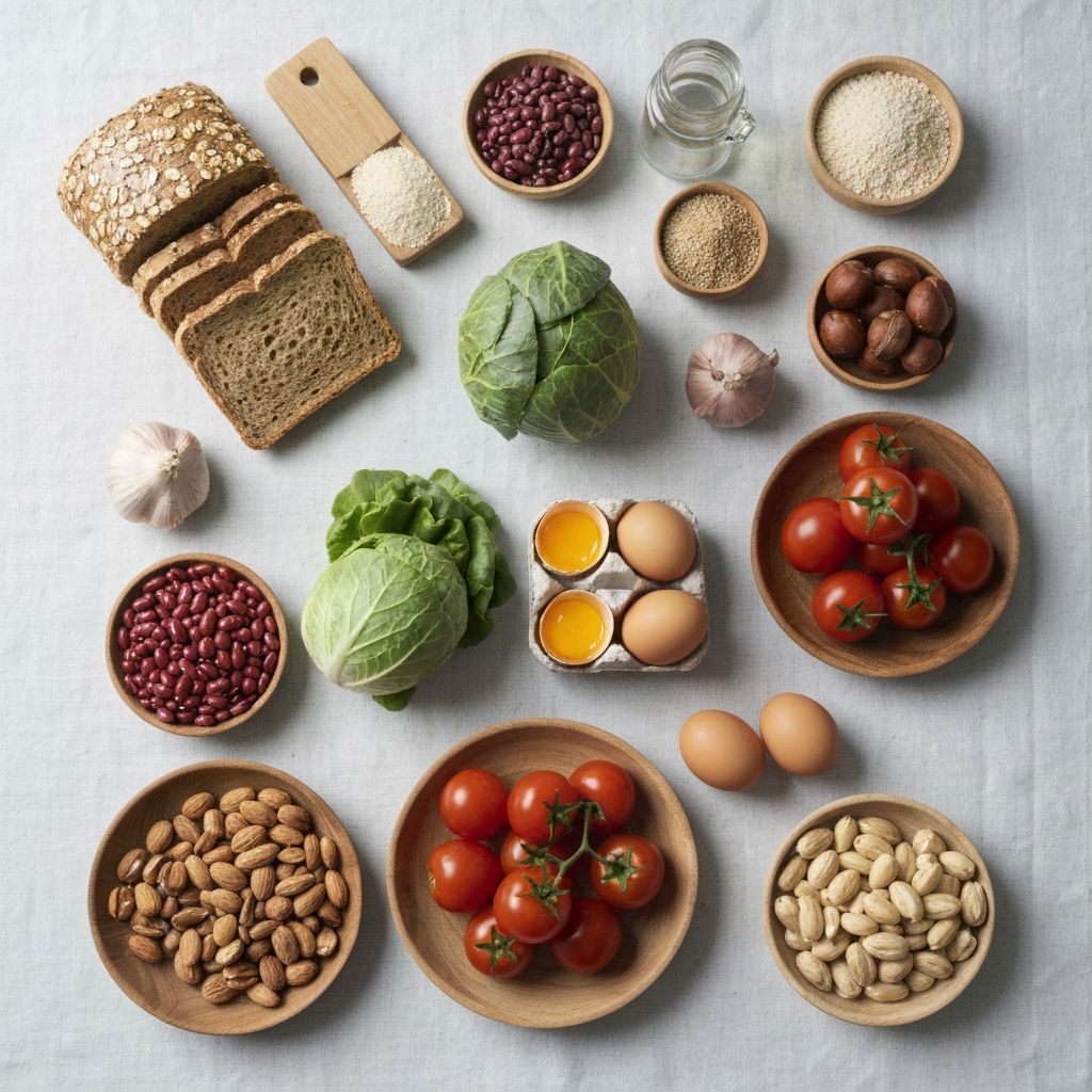 Flat lay of all major food groups including grains, vegetables, fruits, and legumes